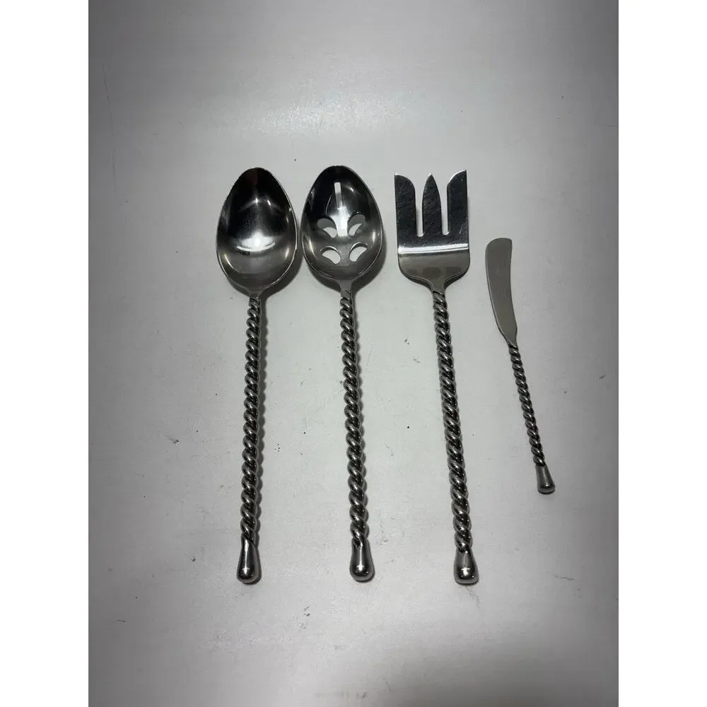 Twisted Handle 10” Stainless Steel Serving Set Spoon Fork Slotted Barware
